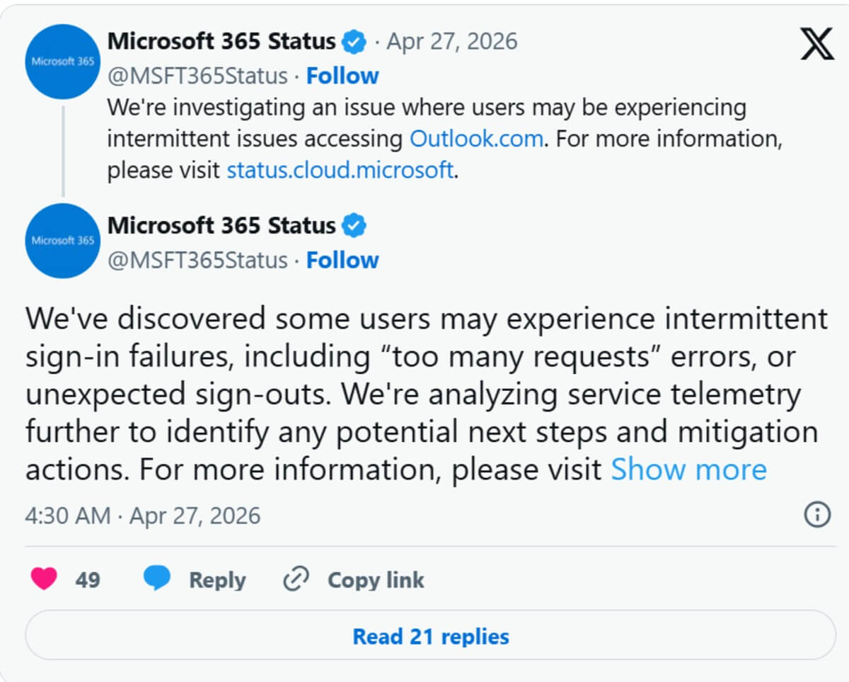 Outlook Down, MicroSoft Reported Issues 