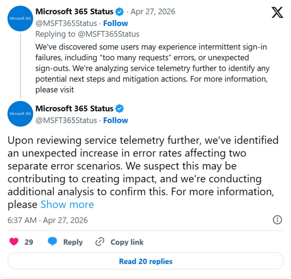 Outlook Down, MicroSoft Reported Issues 