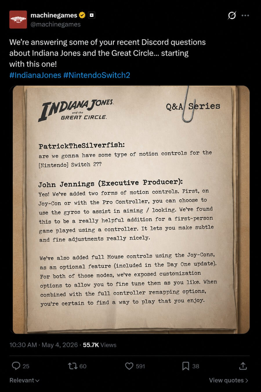 Indiana Jones and the Great Circle Now support Mouse on Nintendo Switch 2