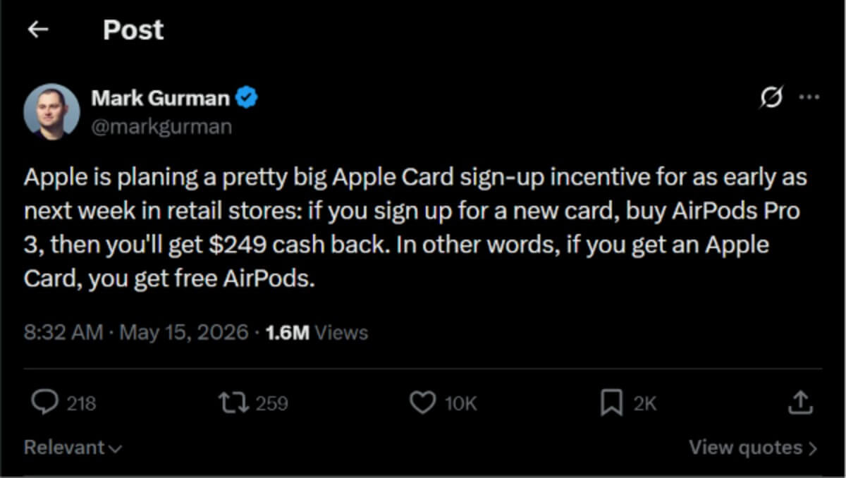 Apple Card Rolled Out New Promotion to Offer Free AirPods Pro 3