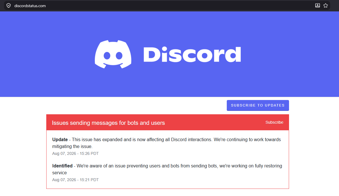 Discord Down according to Discord Status website